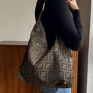 FENDI Zucca Double Zipper Gold and Brown Monogram Shoulder Bag Vintage